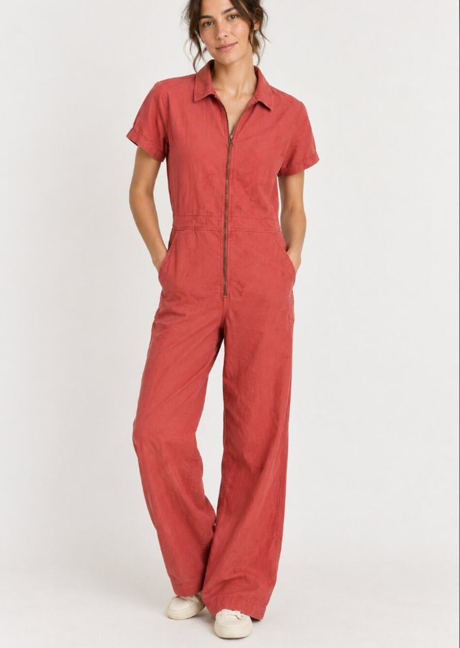 Joanie Clothing Mork Short Sleeve Cotton Jumpsuit Coral Red 4